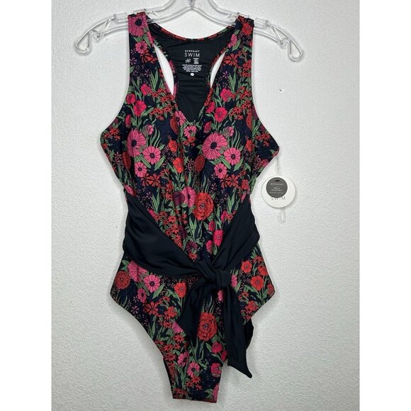 Downeast Swim One Piece Swimsuit Women Large Seaside Suit Floral Tie Waist Beach - Picture 1 of 11